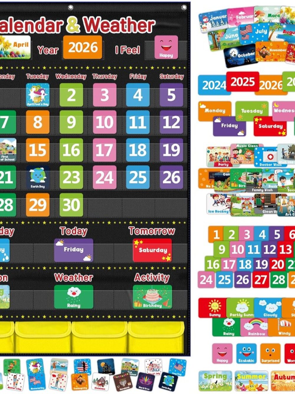 Calendar and Weather Pocket Chart for Kids Learning, Large 44.5”x28” Homeschooli